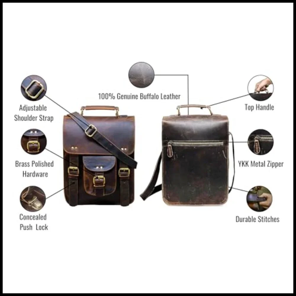 Vintage Leather Messenger Bag Crossbody Satchel Laptop Office Commuter Bag